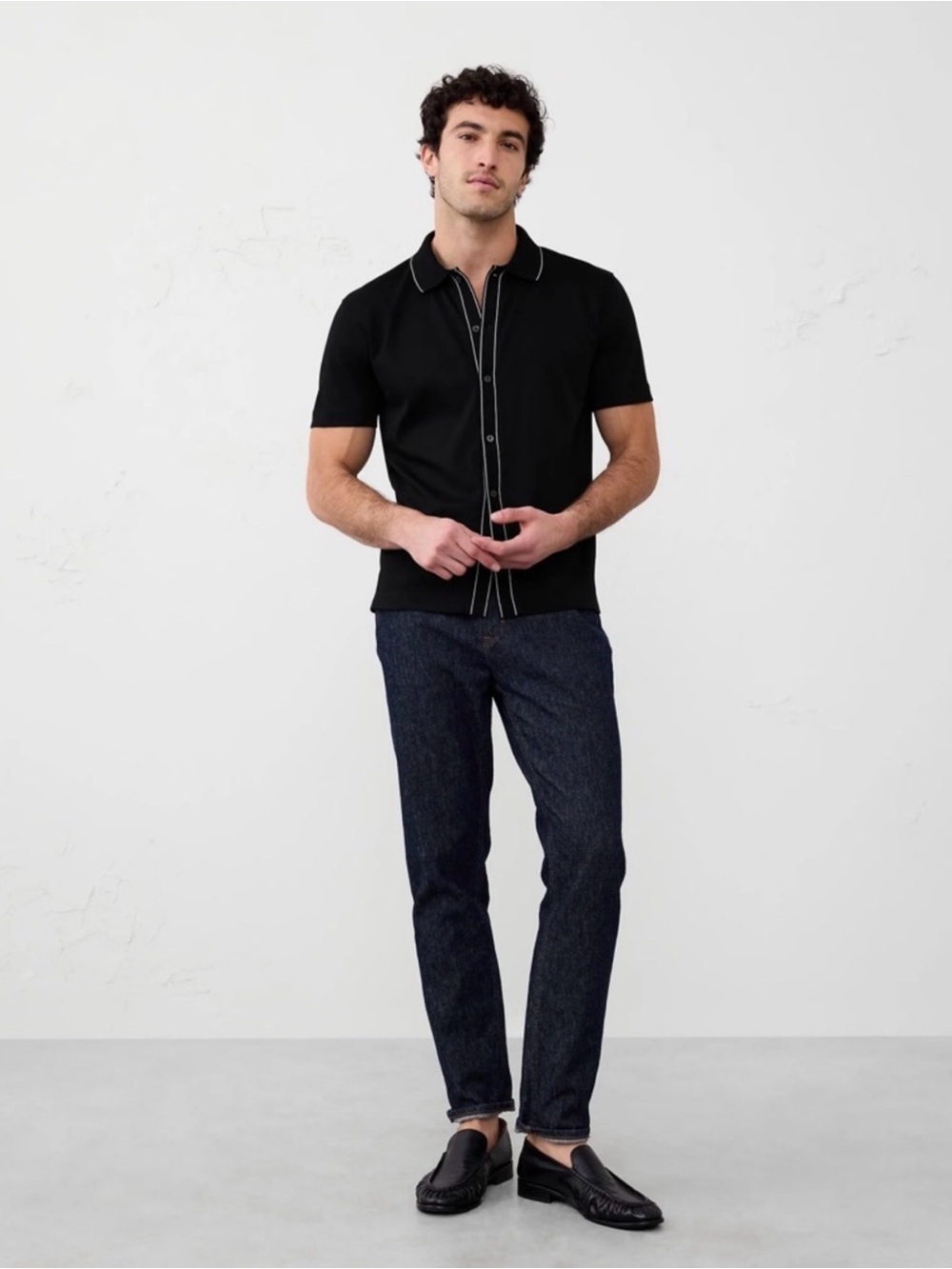 Banana Republic Factory Luxe Touch Button Down Polk Shirt - Black and White